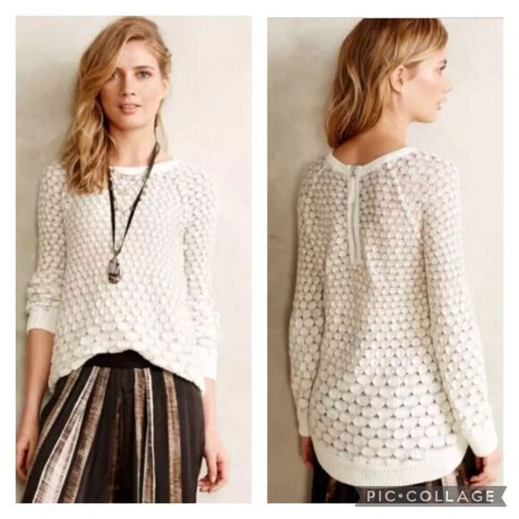Anthropologie Moth Honeycomb Sweater Zip Back Dot Cream Pullover Size Large - Picture 1 of 11